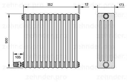 Схема (чертеж) Радиатор Zehnder Charleston 5090/12 №V003 Белый глянцевый RAL 9016